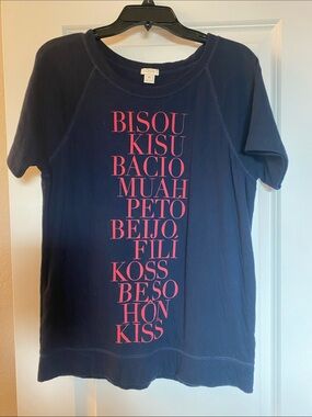 J. Crew Navy Short-Sleeve Graphic Tee with Pink Text “kiss” different languages